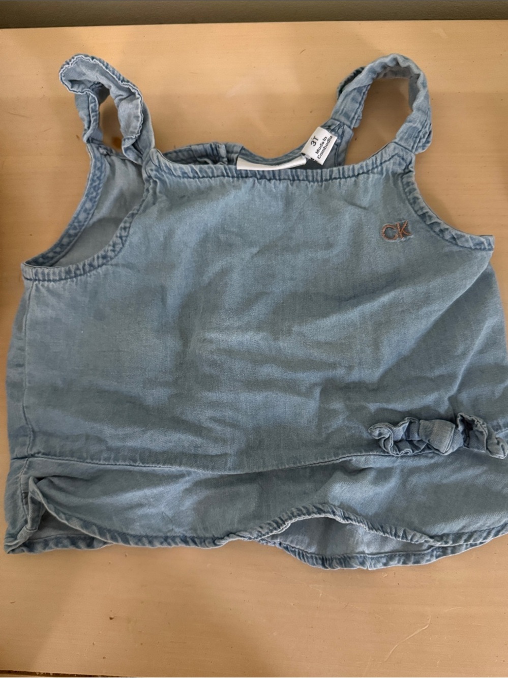 Calvin Klein Jeans Light Blue Denim Girls' Chambray Ruffle Straps Top 3T Bow
